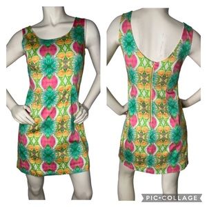 KAELI SMITH Floral Fruit Citrus Peach Pink Green Yellow Sleeveless Mini Dress, 8